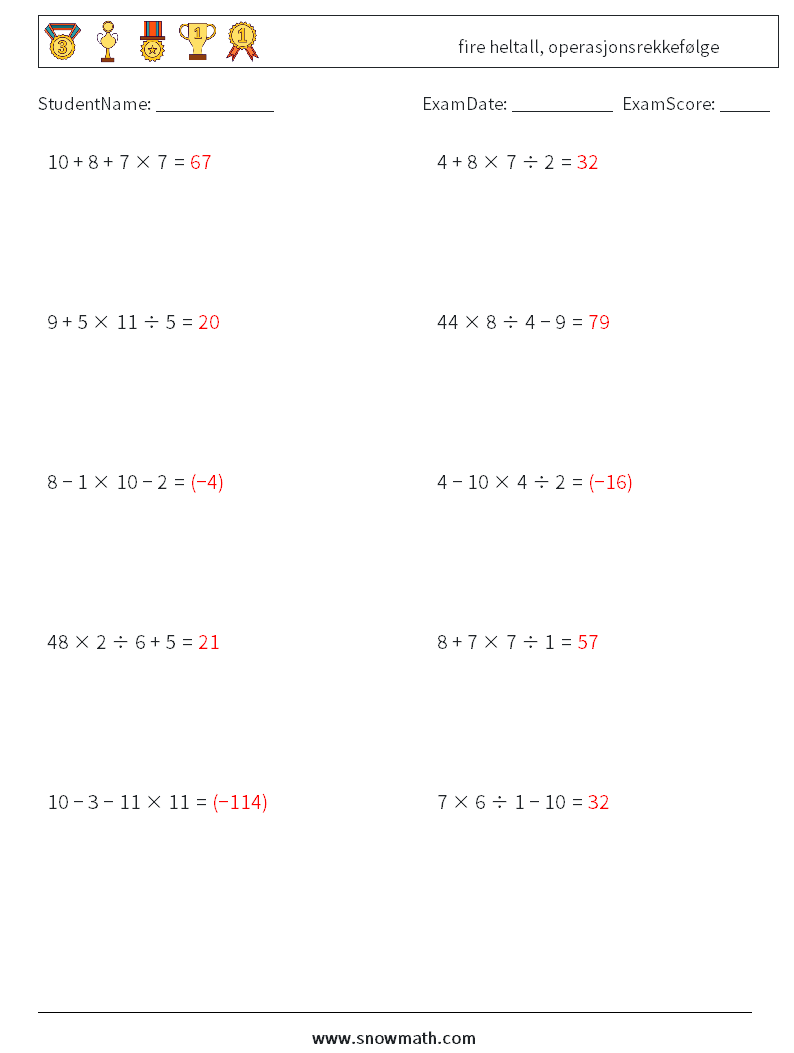 (10) fire heltall, operasjonsrekkefølge MathWorksheets 15 QuestionAnswer