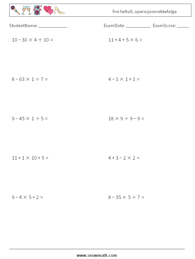 (10) fire heltall, operasjonsrekkefølge MathWorksheets 16