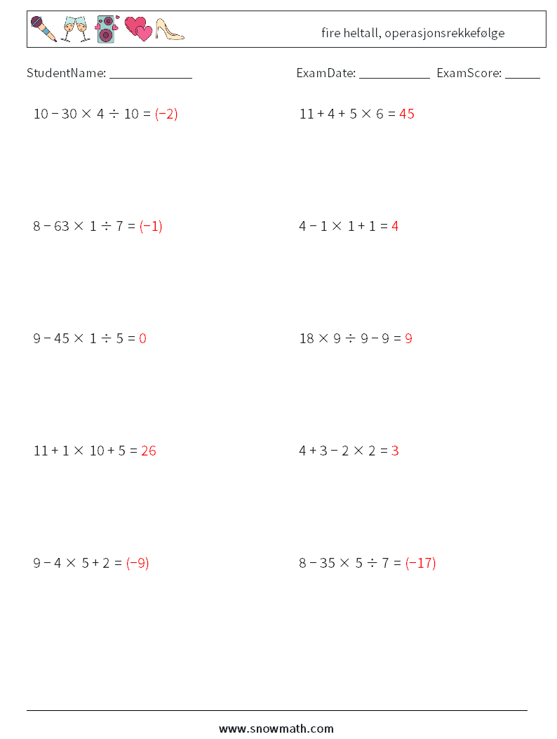 (10) fire heltall, operasjonsrekkefølge MathWorksheets 16 QuestionAnswer