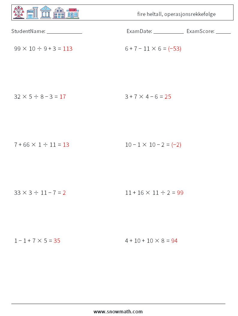 (10) fire heltall, operasjonsrekkefølge MathWorksheets 18 QuestionAnswer