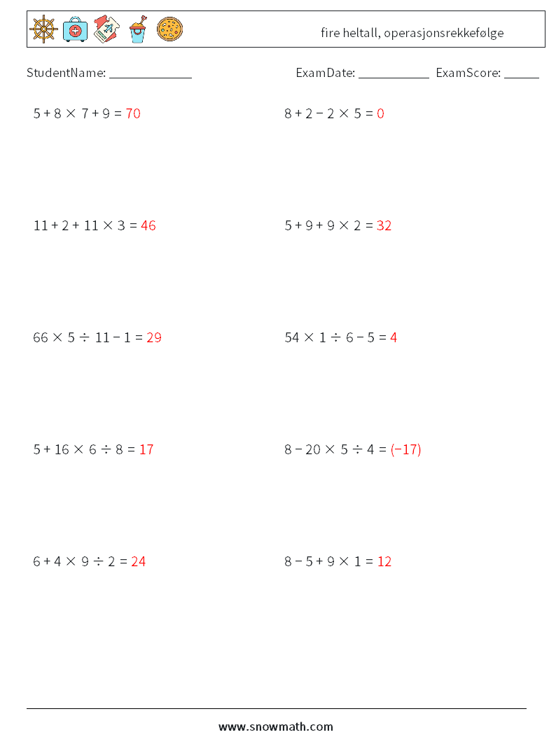 (10) fire heltall, operasjonsrekkefølge MathWorksheets 1 QuestionAnswer