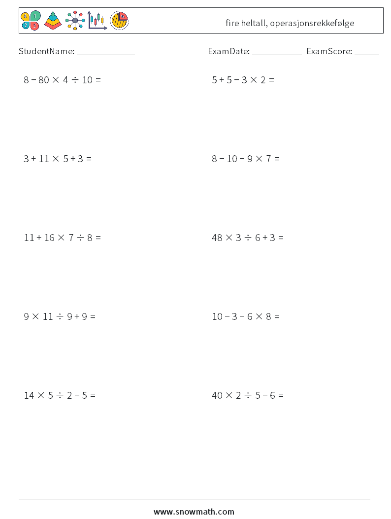 (10) fire heltall, operasjonsrekkefølge MathWorksheets 2