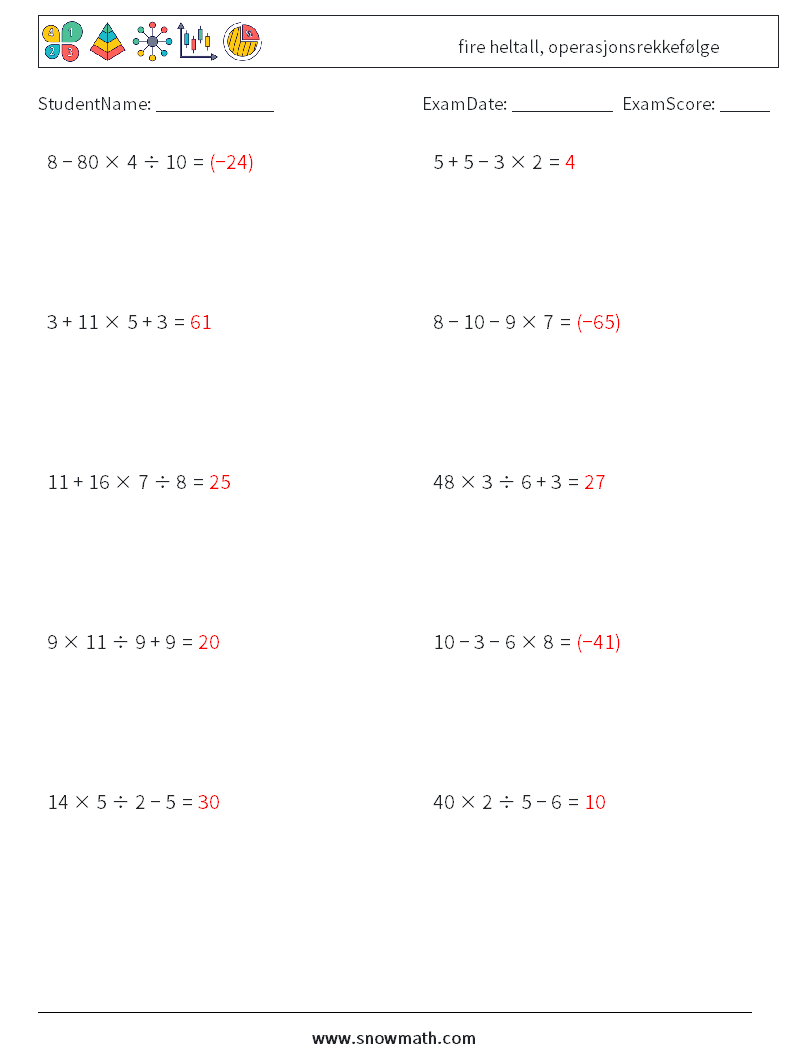 (10) fire heltall, operasjonsrekkefølge MathWorksheets 2 QuestionAnswer