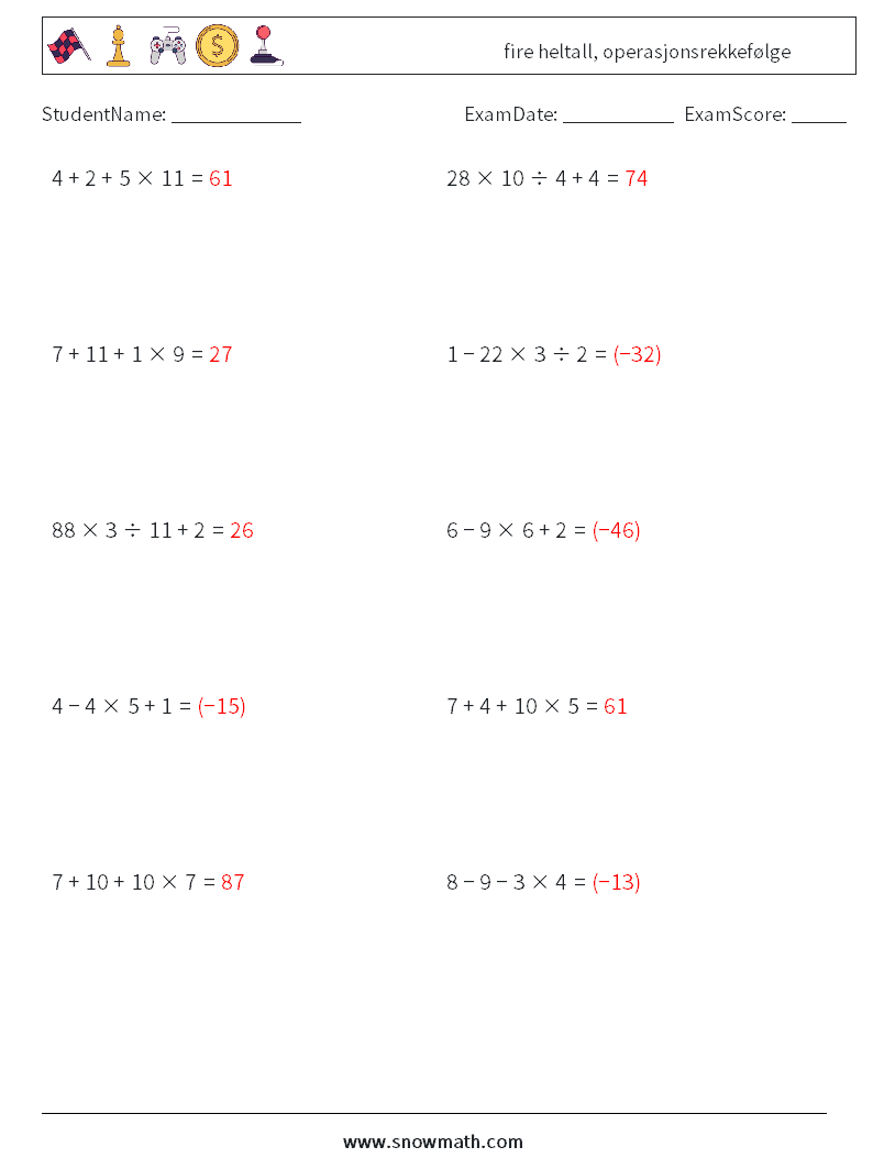 (10) fire heltall, operasjonsrekkefølge MathWorksheets 3 QuestionAnswer