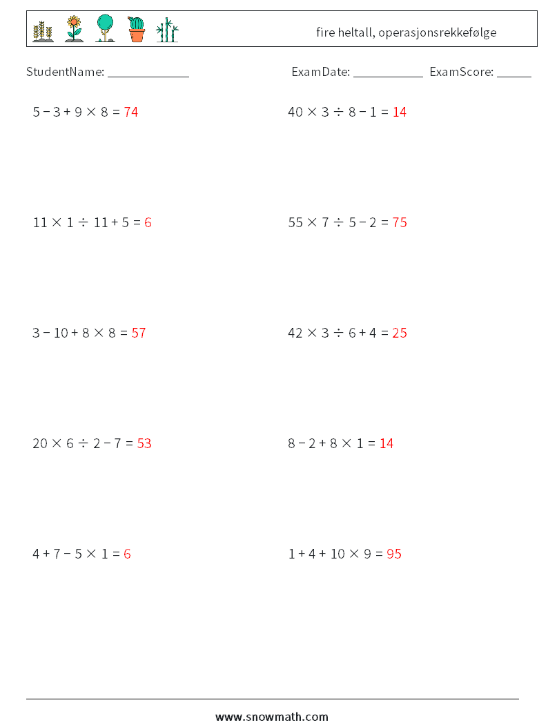 (10) fire heltall, operasjonsrekkefølge MathWorksheets 4 QuestionAnswer