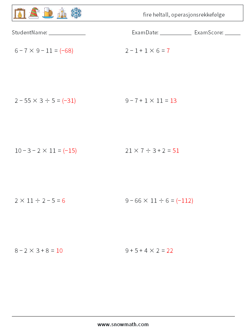 (10) fire heltall, operasjonsrekkefølge MathWorksheets 5 QuestionAnswer