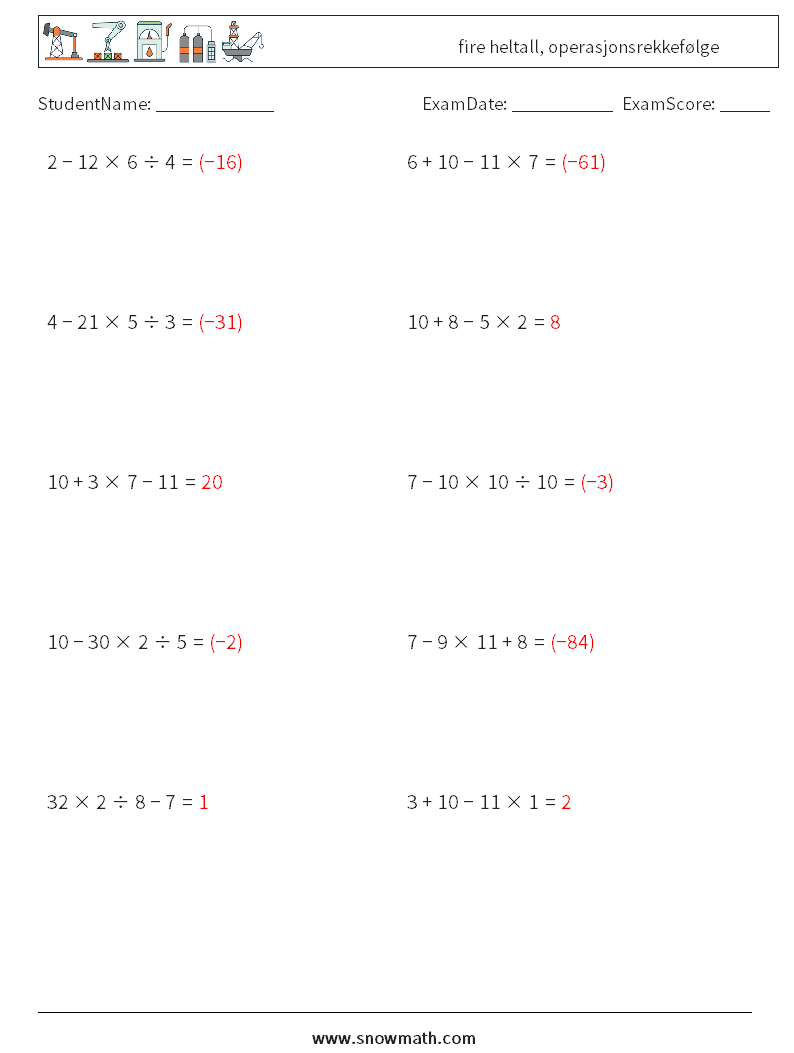 (10) fire heltall, operasjonsrekkefølge MathWorksheets 6 QuestionAnswer