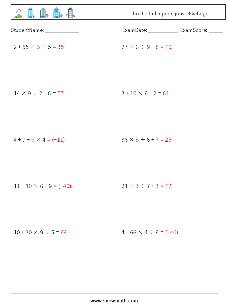 (10) fire heltall, operasjonsrekkefølge MathWorksheets 7 QuestionAnswer