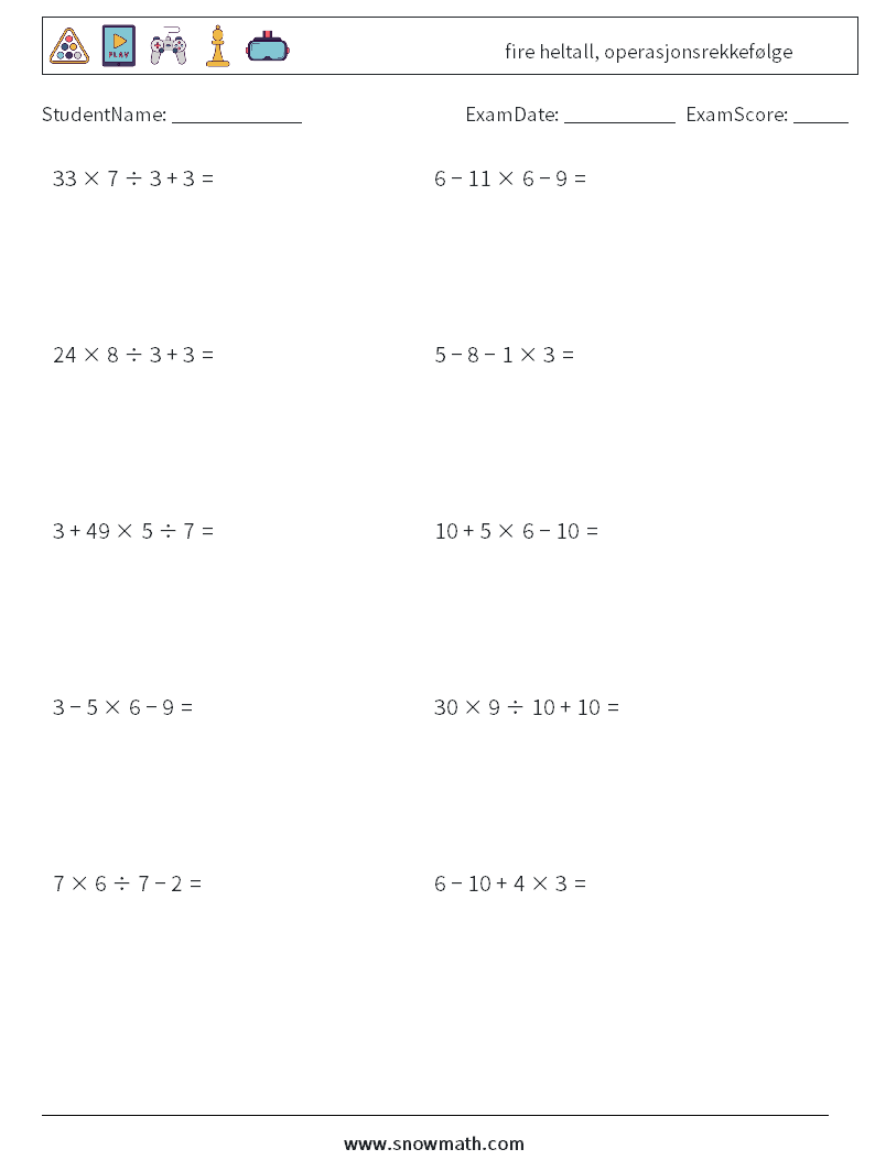 (10) fire heltall, operasjonsrekkefølge MathWorksheets 9