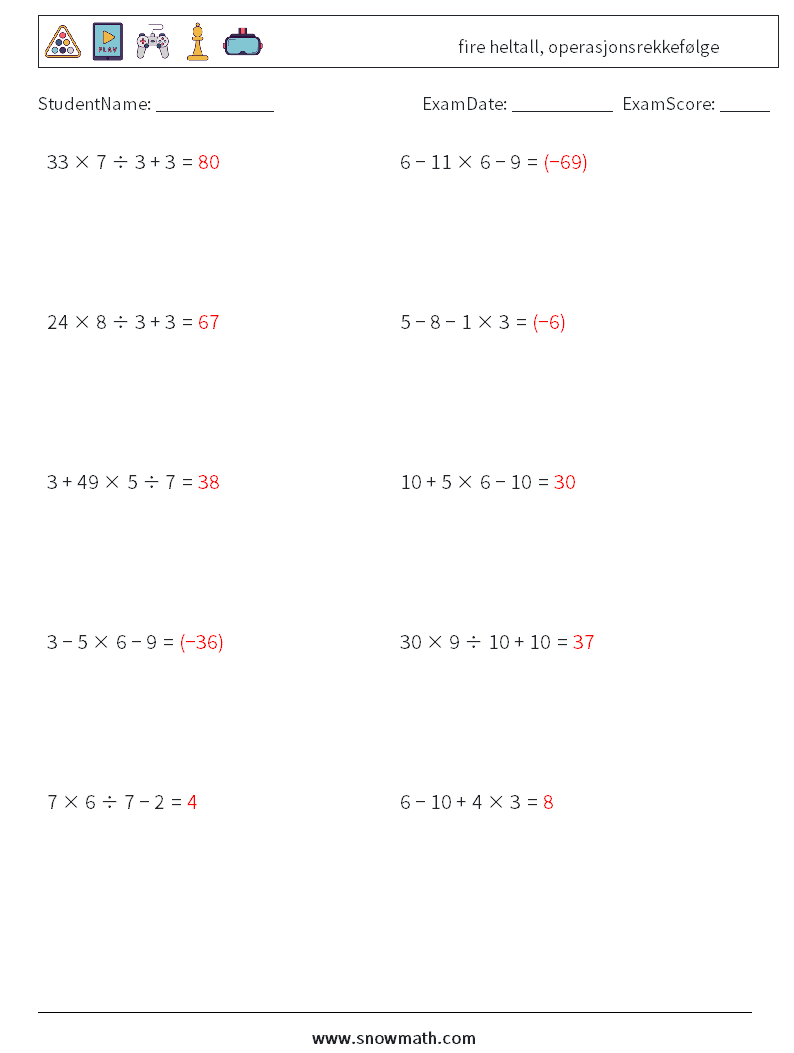 (10) fire heltall, operasjonsrekkefølge MathWorksheets 9 QuestionAnswer