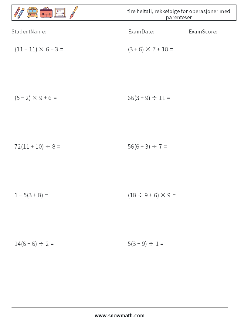 (10) fire heltall, rekkefølge for operasjoner med parenteser MathWorksheets 10