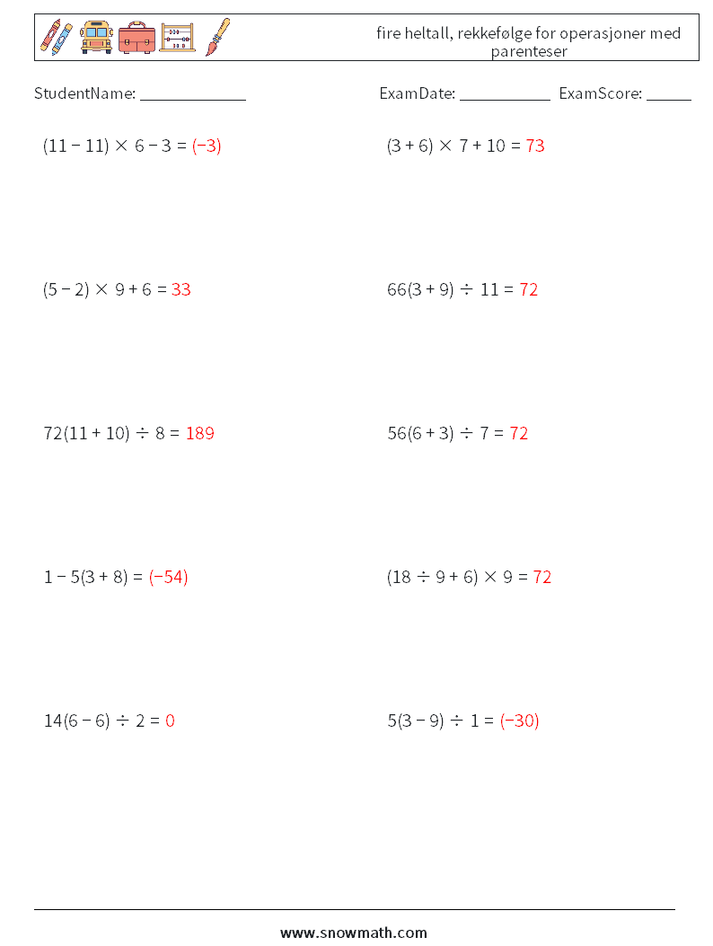 (10) fire heltall, rekkefølge for operasjoner med parenteser MathWorksheets 10 QuestionAnswer