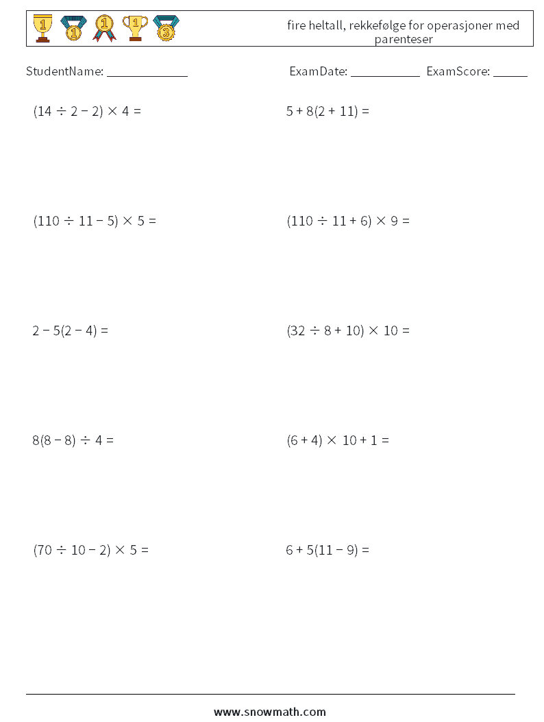 (10) fire heltall, rekkefølge for operasjoner med parenteser MathWorksheets 11