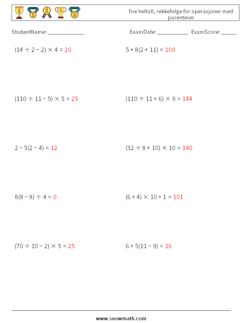 (10) fire heltall, rekkefølge for operasjoner med parenteser MathWorksheets 11 QuestionAnswer