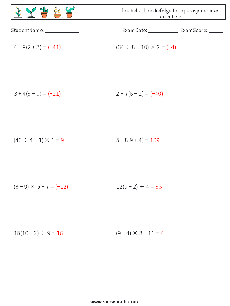 (10) fire heltall, rekkefølge for operasjoner med parenteser MathWorksheets 13 QuestionAnswer