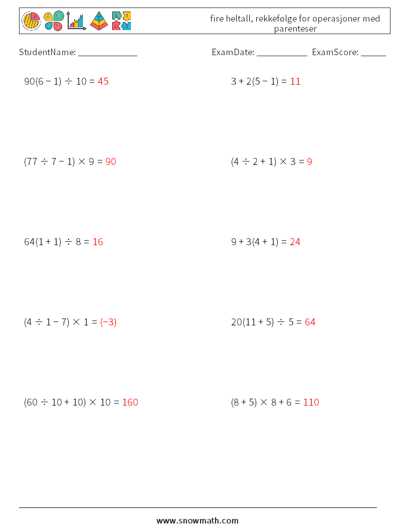 (10) fire heltall, rekkefølge for operasjoner med parenteser MathWorksheets 14 QuestionAnswer