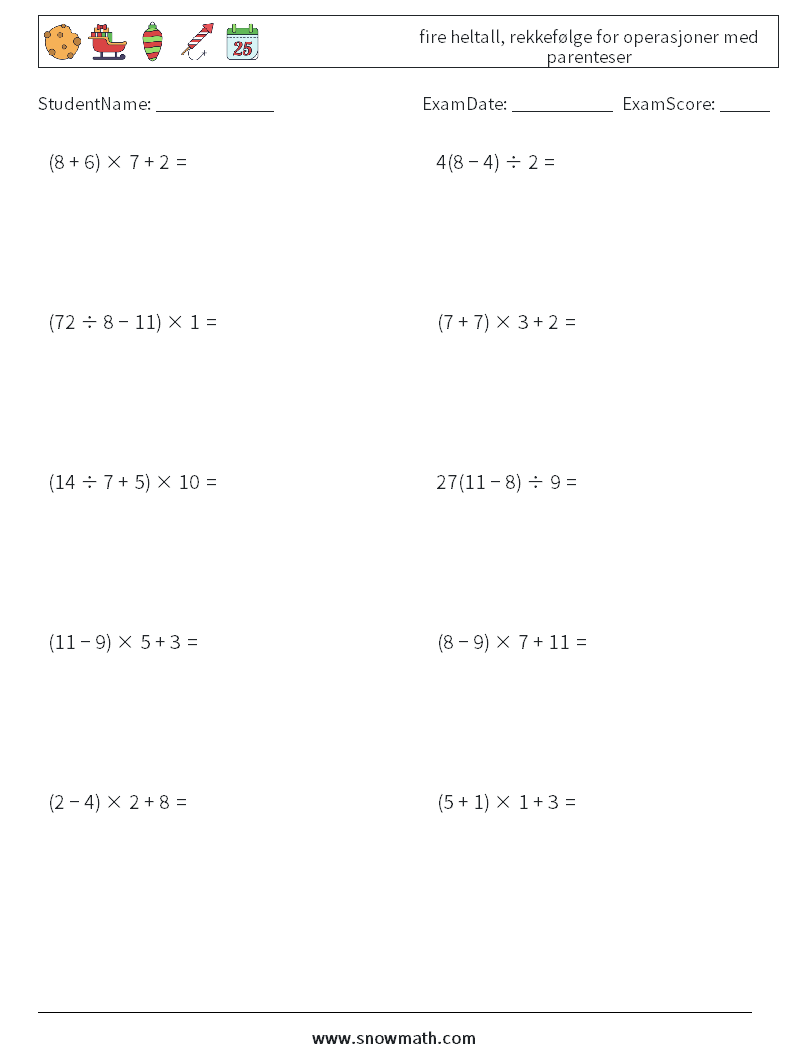 (10) fire heltall, rekkefølge for operasjoner med parenteser MathWorksheets 15
