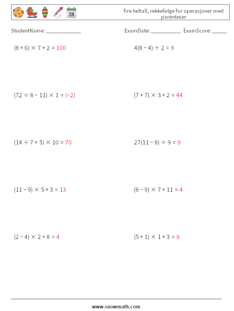 (10) fire heltall, rekkefølge for operasjoner med parenteser MathWorksheets 15 QuestionAnswer