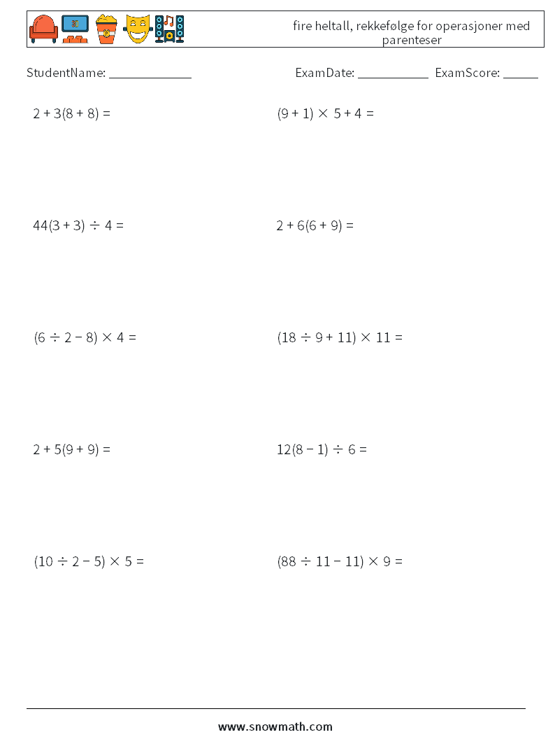 (10) fire heltall, rekkefølge for operasjoner med parenteser MathWorksheets 16