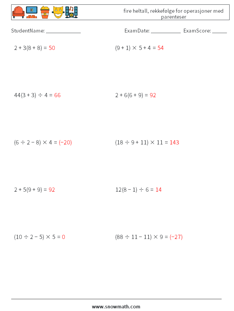 (10) fire heltall, rekkefølge for operasjoner med parenteser MathWorksheets 16 QuestionAnswer
