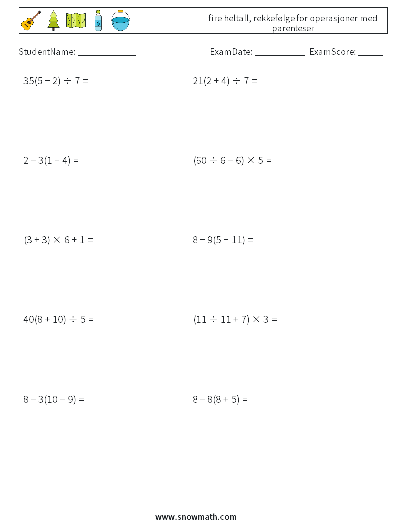 (10) fire heltall, rekkefølge for operasjoner med parenteser MathWorksheets 17