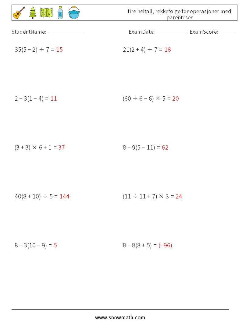 (10) fire heltall, rekkefølge for operasjoner med parenteser MathWorksheets 17 QuestionAnswer