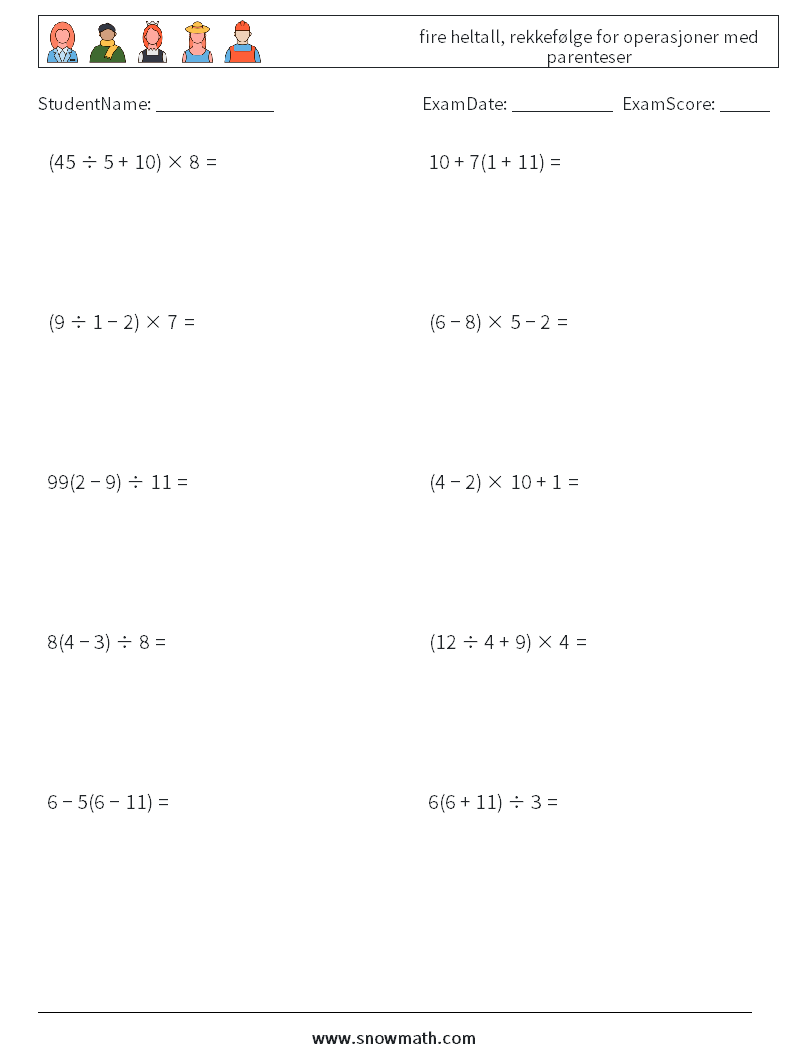 (10) fire heltall, rekkefølge for operasjoner med parenteser MathWorksheets 18