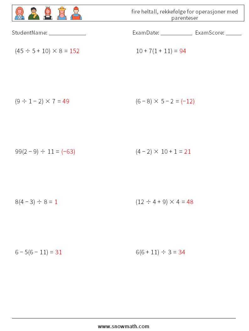 (10) fire heltall, rekkefølge for operasjoner med parenteser MathWorksheets 18 QuestionAnswer
