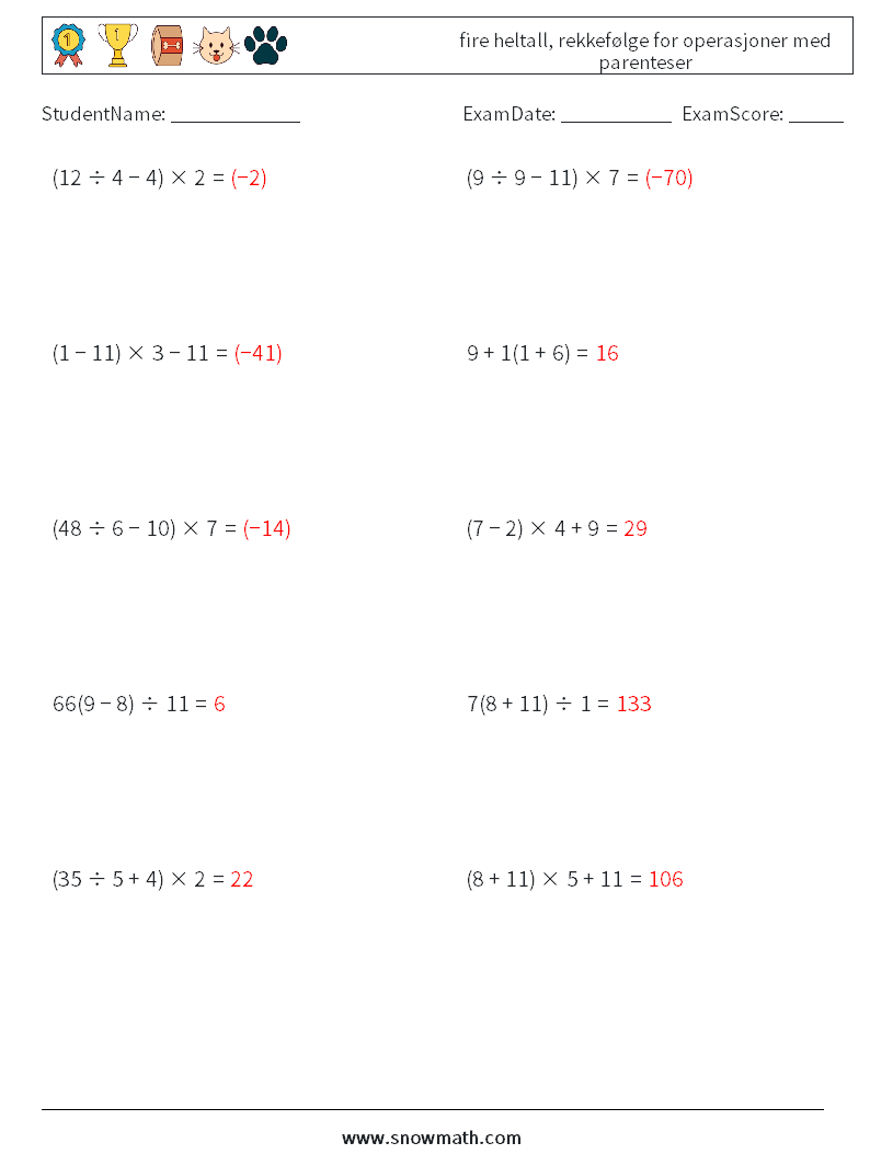 (10) fire heltall, rekkefølge for operasjoner med parenteser MathWorksheets 1 QuestionAnswer
