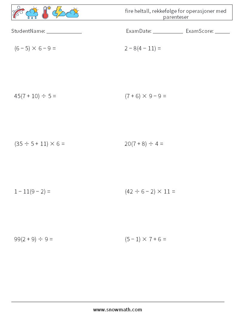 (10) fire heltall, rekkefølge for operasjoner med parenteser MathWorksheets 2
