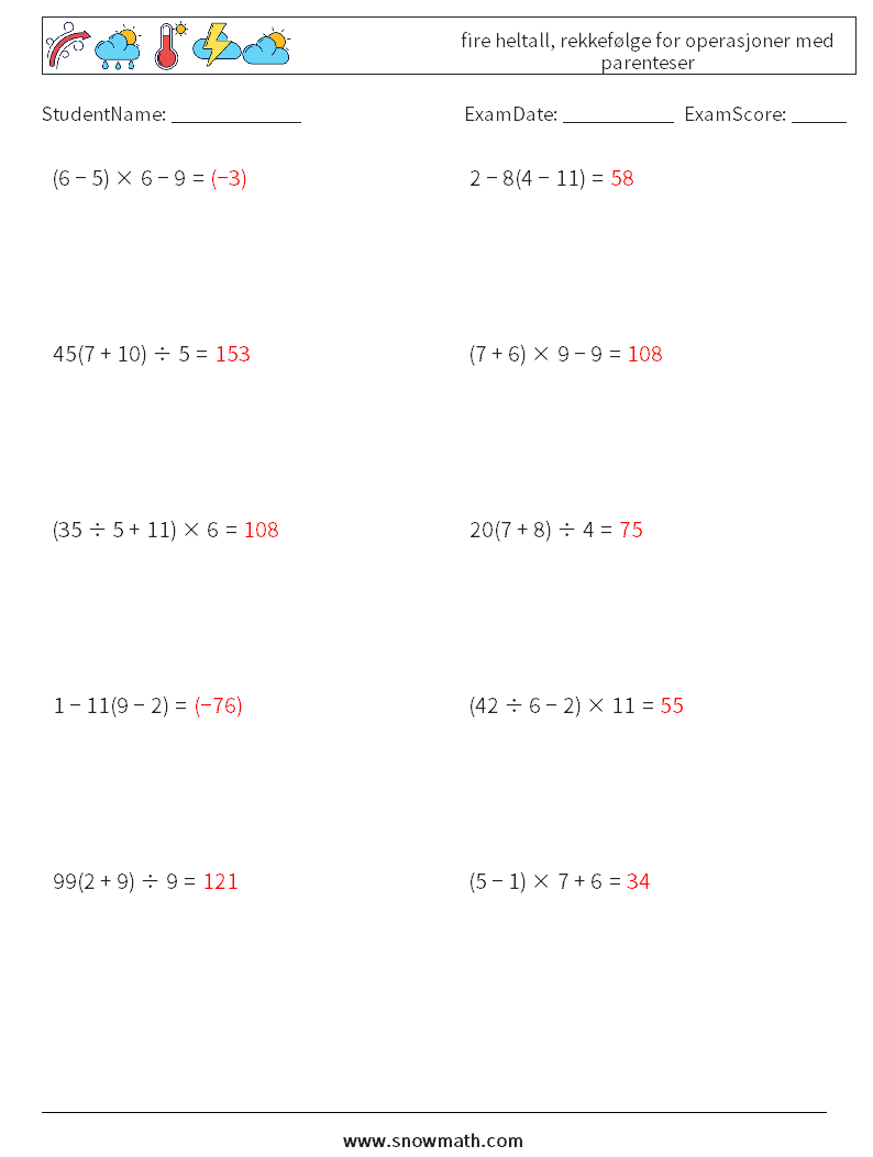 (10) fire heltall, rekkefølge for operasjoner med parenteser MathWorksheets 2 QuestionAnswer
