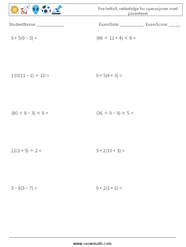 (10) fire heltall, rekkefølge for operasjoner med parenteser MathWorksheets 3