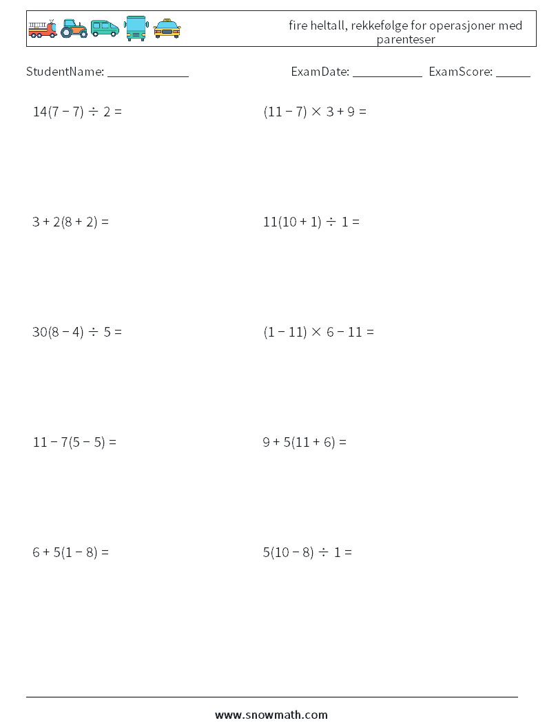 (10) fire heltall, rekkefølge for operasjoner med parenteser MathWorksheets 4