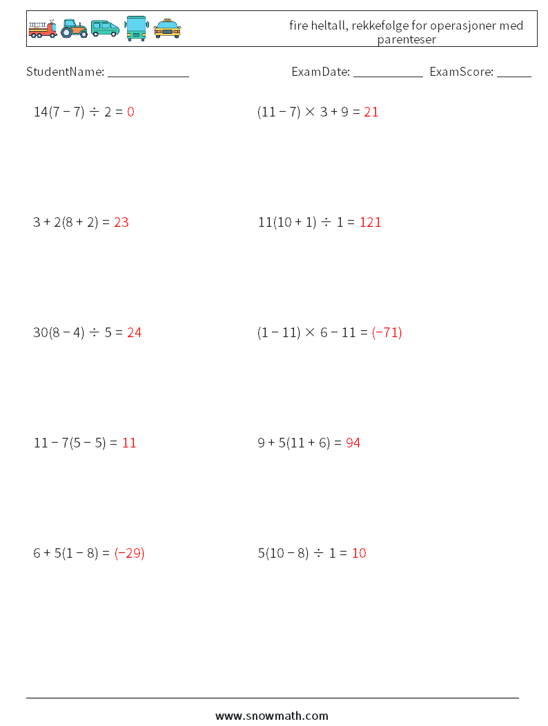 (10) fire heltall, rekkefølge for operasjoner med parenteser MathWorksheets 4 QuestionAnswer