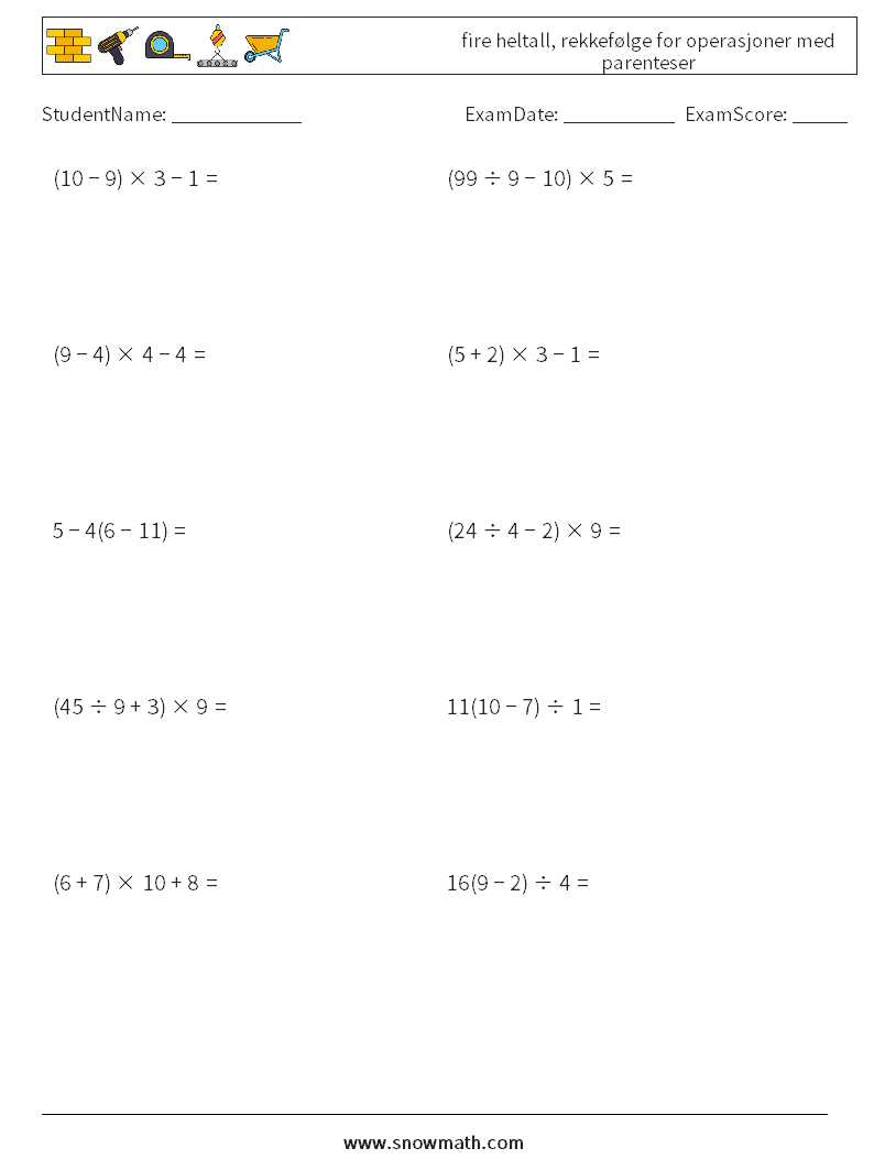 (10) fire heltall, rekkefølge for operasjoner med parenteser MathWorksheets 5