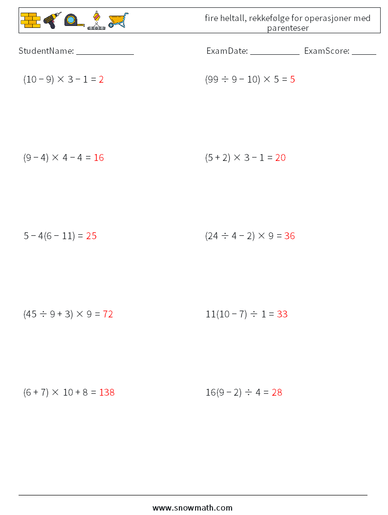(10) fire heltall, rekkefølge for operasjoner med parenteser MathWorksheets 5 QuestionAnswer