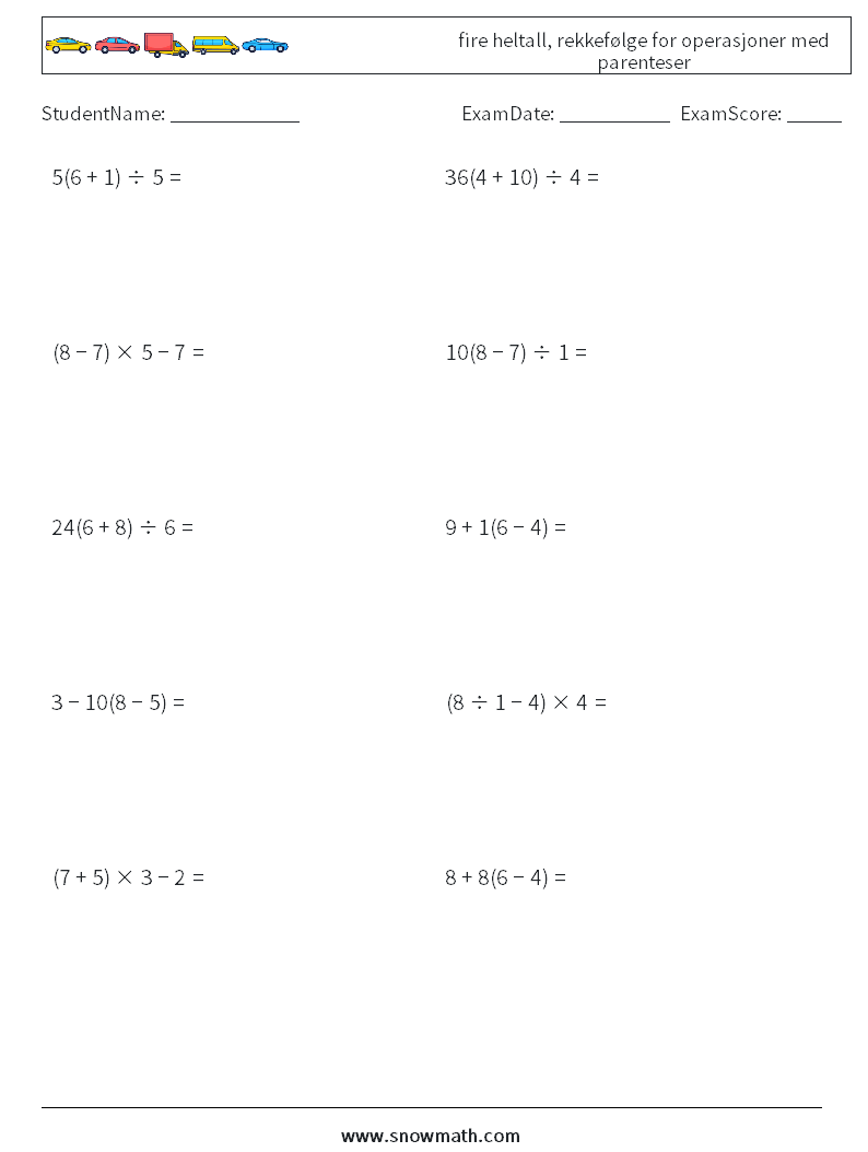 (10) fire heltall, rekkefølge for operasjoner med parenteser MathWorksheets 6