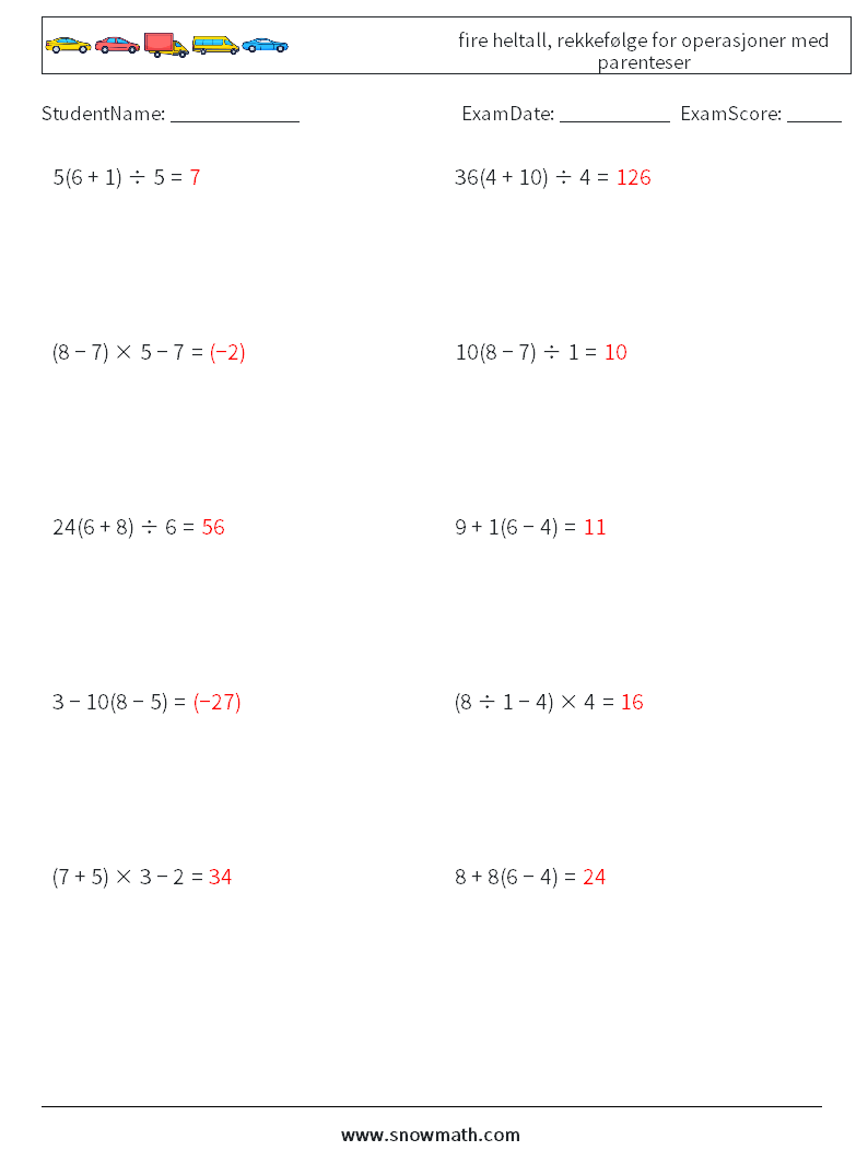 (10) fire heltall, rekkefølge for operasjoner med parenteser MathWorksheets 6 QuestionAnswer