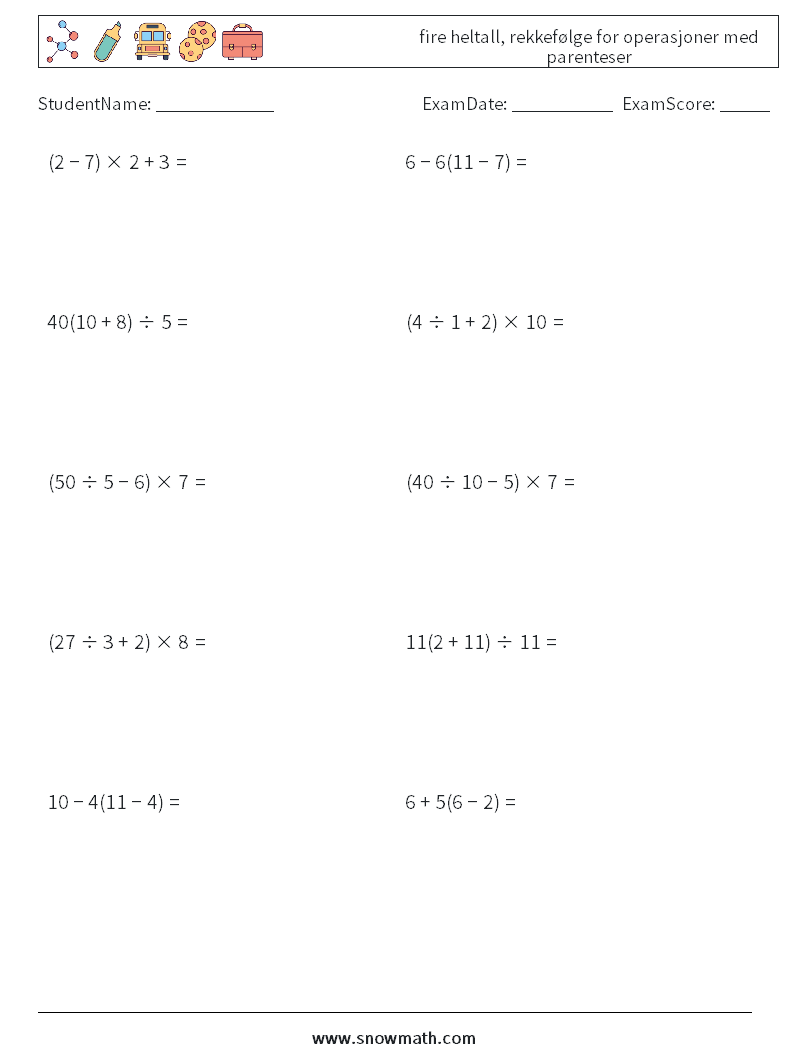 (10) fire heltall, rekkefølge for operasjoner med parenteser MathWorksheets 7