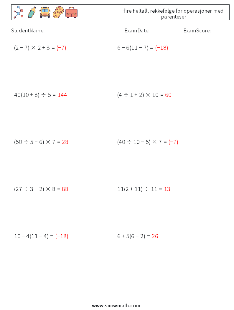 (10) fire heltall, rekkefølge for operasjoner med parenteser MathWorksheets 7 QuestionAnswer