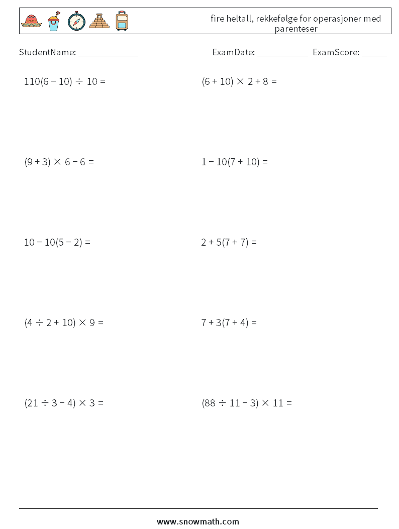 (10) fire heltall, rekkefølge for operasjoner med parenteser MathWorksheets 8