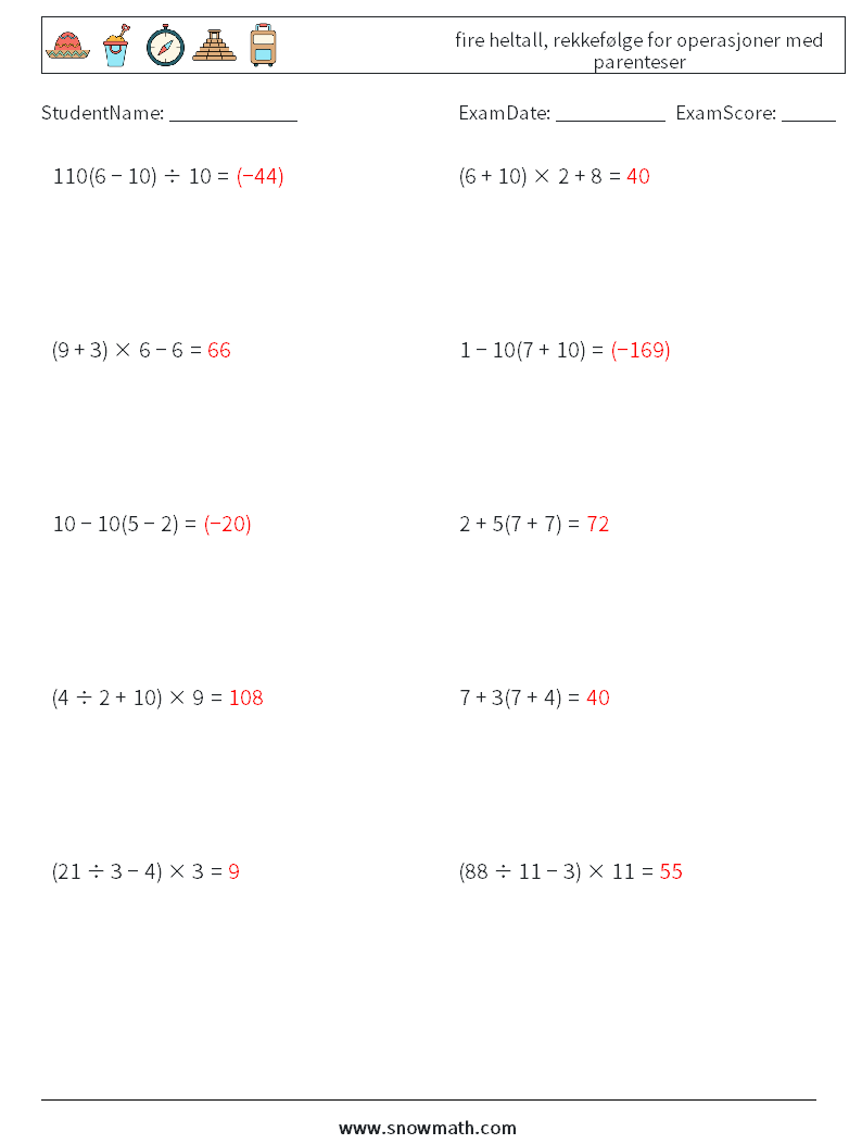 (10) fire heltall, rekkefølge for operasjoner med parenteser MathWorksheets 8 QuestionAnswer