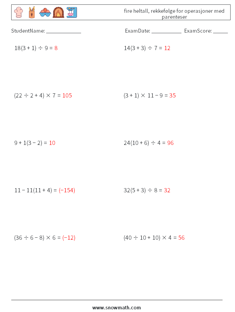 (10) fire heltall, rekkefølge for operasjoner med parenteser MathWorksheets 9 QuestionAnswer
