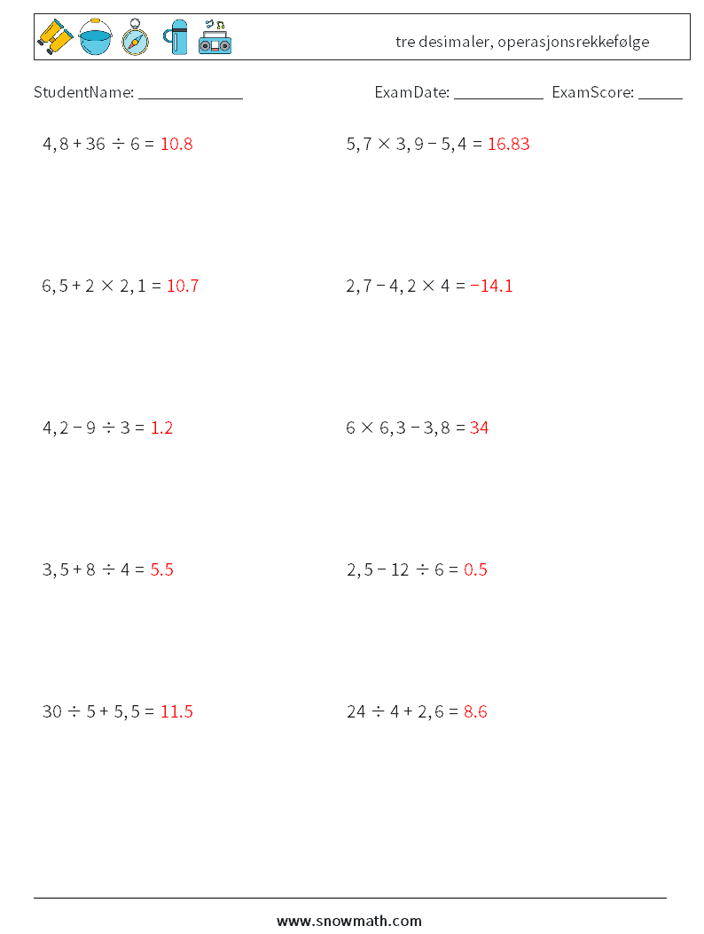 (10) tre desimaler, operasjonsrekkefølge MathWorksheets 11 QuestionAnswer