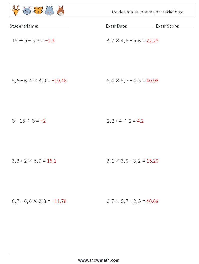 (10) tre desimaler, operasjonsrekkefølge MathWorksheets 12 QuestionAnswer