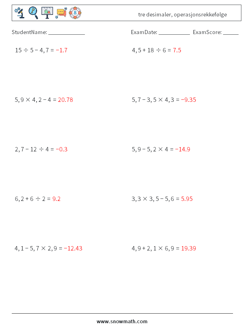 (10) tre desimaler, operasjonsrekkefølge MathWorksheets 13 QuestionAnswer