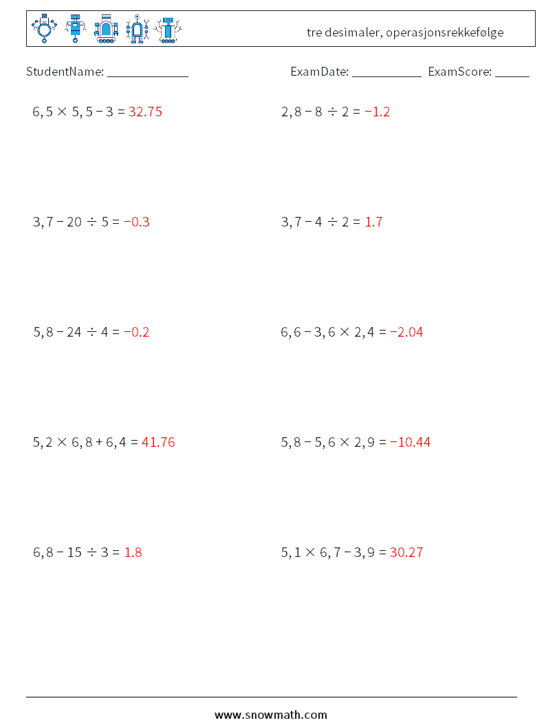 (10) tre desimaler, operasjonsrekkefølge MathWorksheets 14 QuestionAnswer