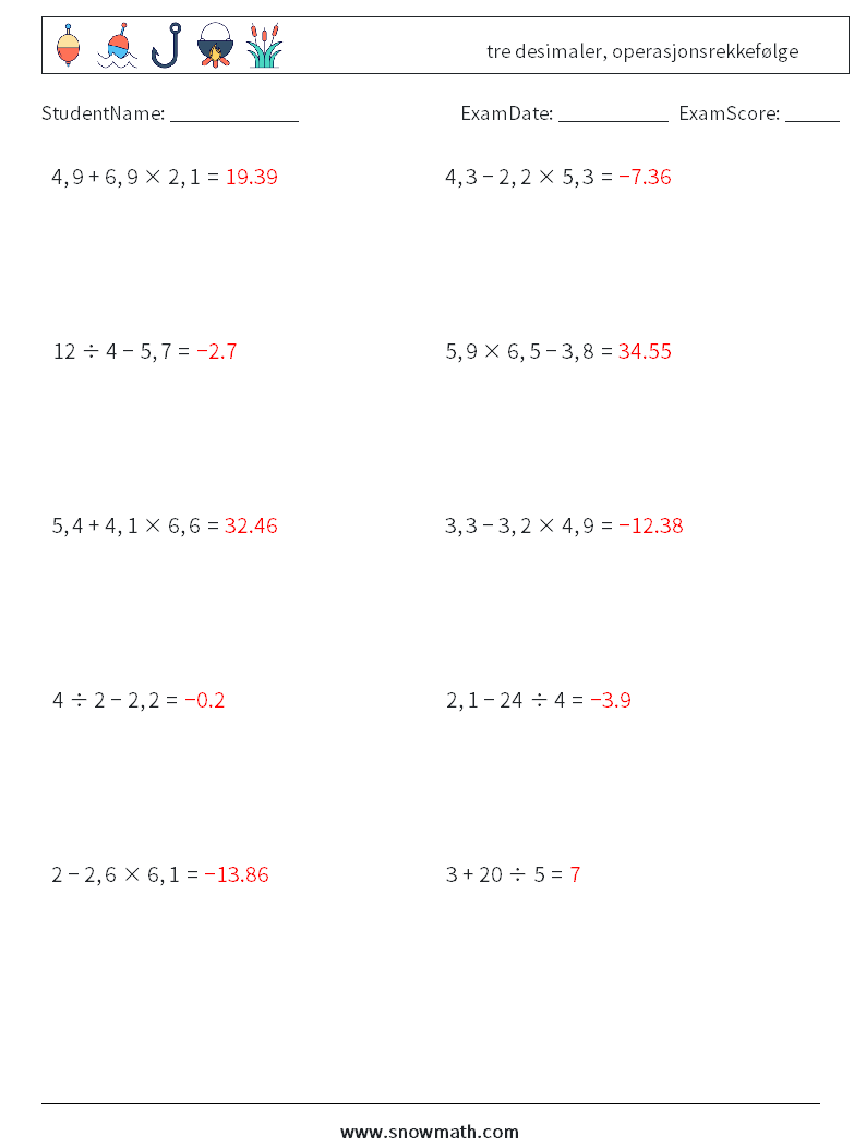 (10) tre desimaler, operasjonsrekkefølge MathWorksheets 15 QuestionAnswer