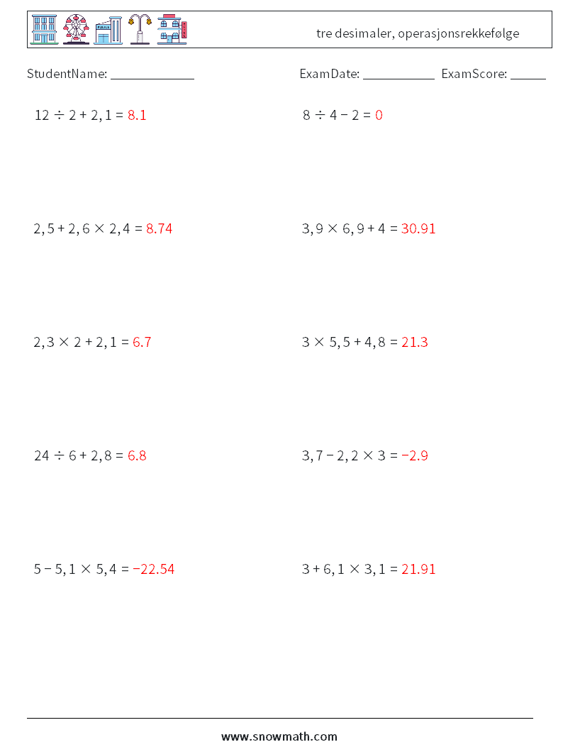 (10) tre desimaler, operasjonsrekkefølge MathWorksheets 16 QuestionAnswer