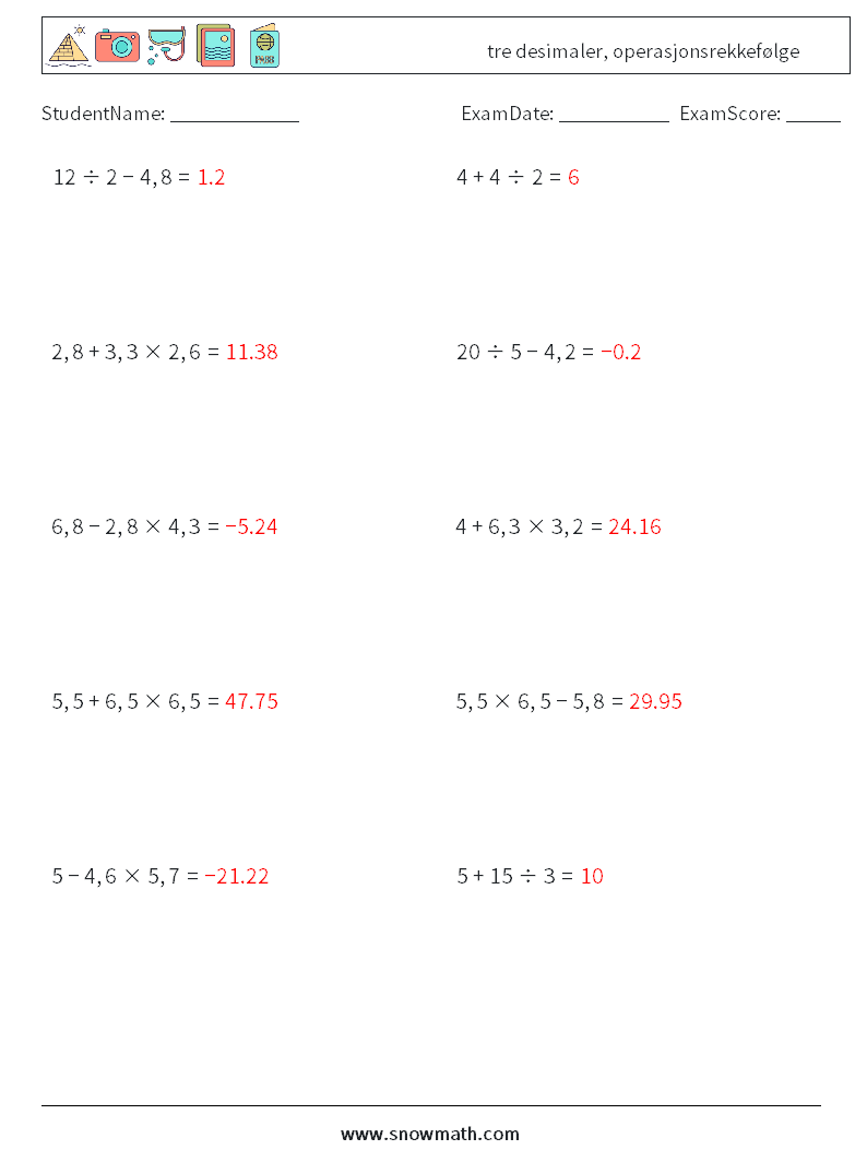 (10) tre desimaler, operasjonsrekkefølge MathWorksheets 17 QuestionAnswer